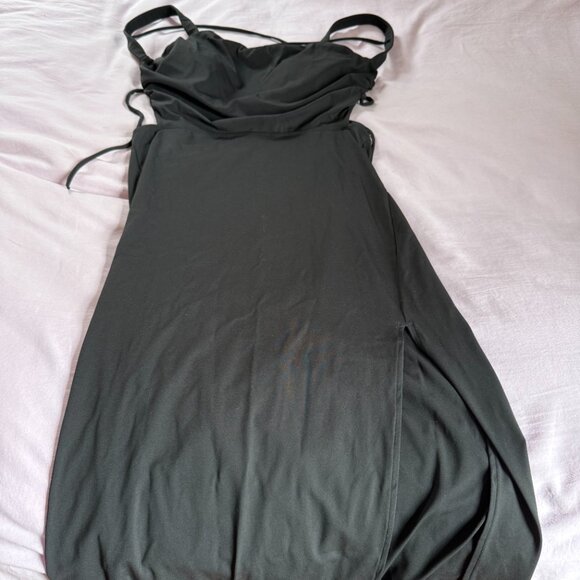 Halara Ruched Backless Crisscross Lace Up Split Bodycon Midi Casual Dress - Picture 3 of 4